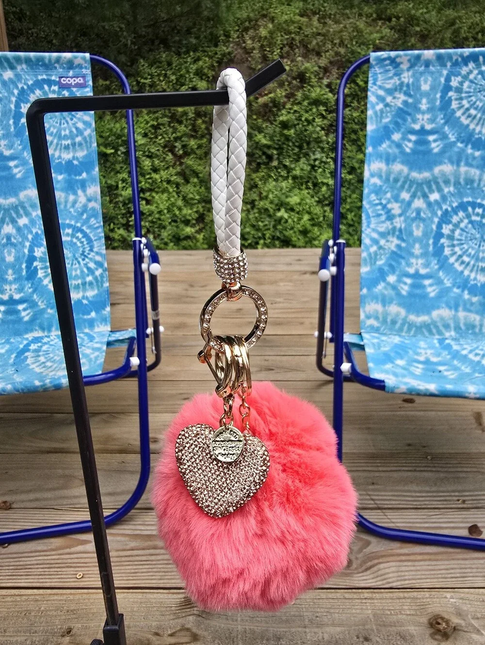 Peach And Rose Heart Fur Pom Pom Keychain Heart Bag Charm Cell Phone. Big & Bold